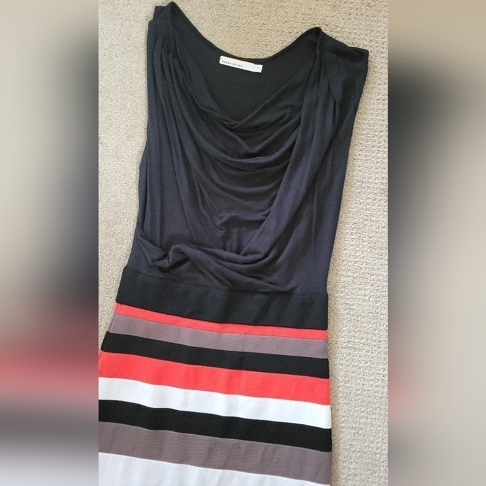 Karen Millen Multi Colored Striped Drape/ Cowl Neck Top Sheath Midi Dress - Picture 9 of 10